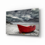 Scarlet Boat Under Dark Clouds Glass Wall Art - 72x46 cm