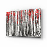 Large Panorama Forêt de Bouleaux Cimes Rouges tableau en verre - 72x46 cm