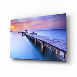 Violet Sunrise Wooden Pier Glass Wall Art - 72x46 cm