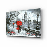 Regnerischer Flussufer-Boulevard Rote Schirme Glasbild - 72x46 cm