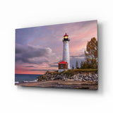 Herbstbaum Ufer Leuchtturm Glasbild - 72x46 cm