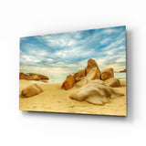 Wide Rocky Shore Blue Sky Beach Glass Wall Art - 72x46 cm