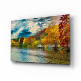 Goldener Herbst Seeufer Gemälde Glasbild - 72x46 cm