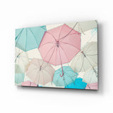 Canopée de Parapluies Rose Pastel et Menthe tableau en verre - 72x46 cm