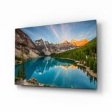 Lever de Soleil sur Lac de Montagne Turquoise tableau en verre - 72x46 cm