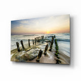 Weathered Groyne Posts Seascape Glass Wall Art - 72x46 cm