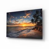 Golden Sunset Shoreline Palm Trees Glass Wall Art - 72x46 cm
