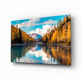Herbst Fluss Bergspiegelung Glasbild - 72x46 cm