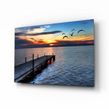 Sunset Silhouette Birds Lake Dock Glass Wall Art - 72x46 cm