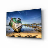 Abandoned Green Boat Blue Sky Glass Wall Art - 72x46 cm