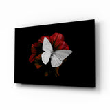 Papillon Blanc sur Fleur Rouge tableau en verre - 72x46 cm