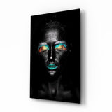 Frau mit petrol-orangem Lidschatten Glasbild - 72x46 cm
