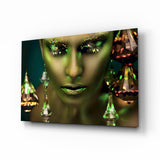 Green Skin Crystal Drops Woman Glass Wall Art - 72x46 cm