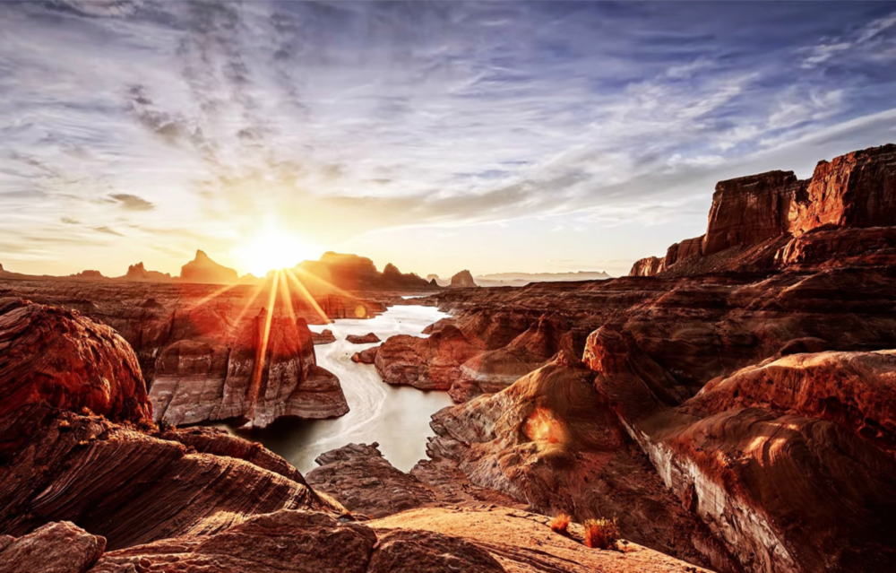 Canyon und Sonnenuntergang Glasbild