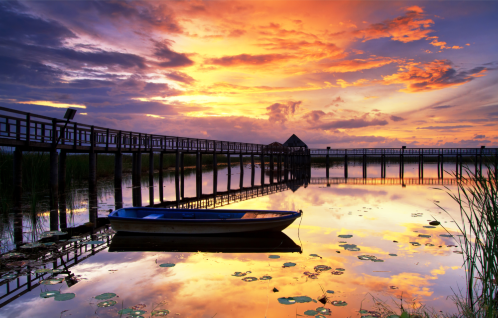 Arte de pared de vidrio de Puesta de sol en el muelle
