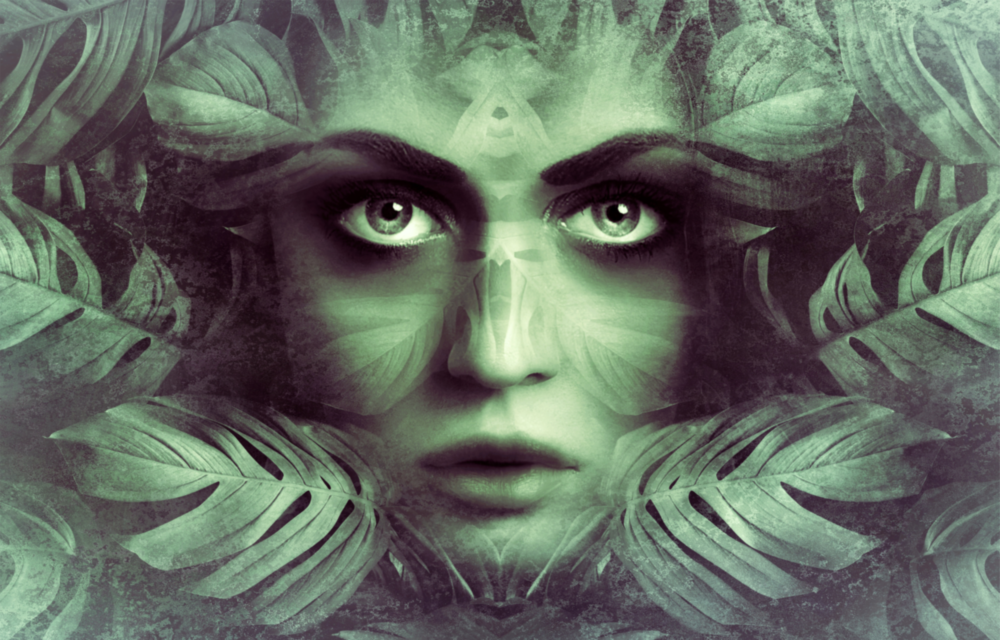 Tropical Leaf and Woman Portrait Glass Wall Art