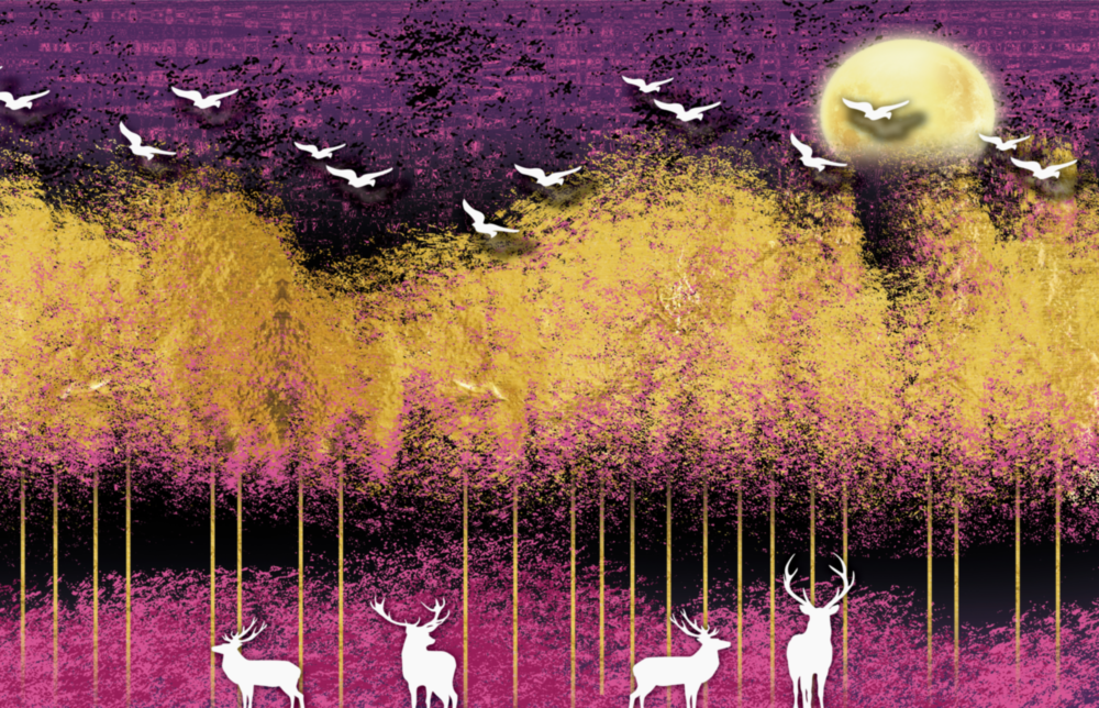 Vögel und Hirsche Glasbild