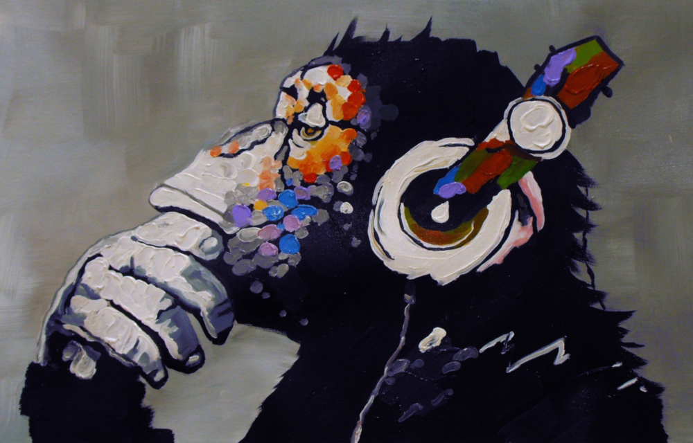 Arte de pared de vidrio de Pensando mono