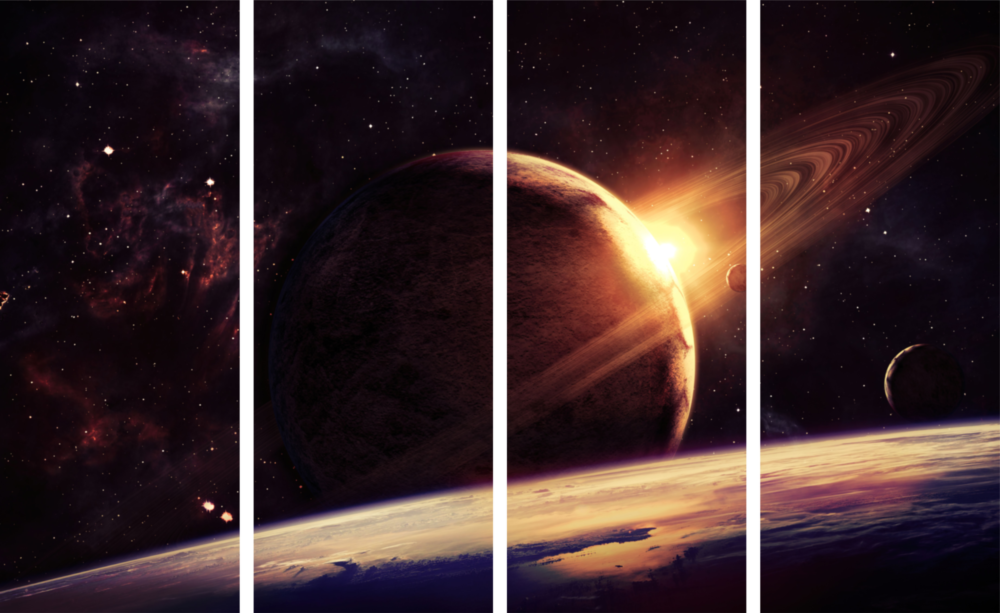 Sunset nello spazio Arte da parete in vetro Mega da 4 pezzi (150x92 cm)