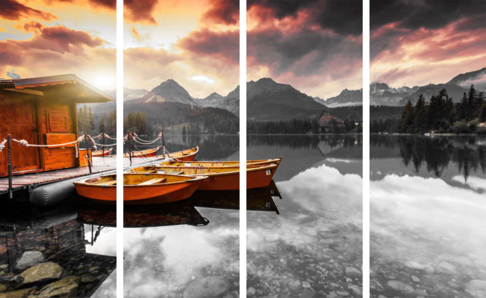 Sunset and Boats 4 Pieces Mega Glass Wall Art (150x92 cm)