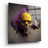 Calavera Amarilla de Frente Bruma Violeta cuadro de cristal - 40x40 cm