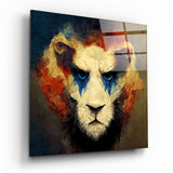 Lion Peinture de Guerre Bleue Crinière Ambrée tableau en verre - 40x40 cm