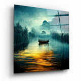 Barca sul Fiume Verde Acqua Nebbioso Bagliore Dorato quadro in vetro - 40x40 cm