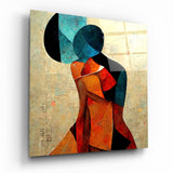 Pareja Abrazada Cubista Turquesa y Naranja cuadro de cristal - 40x40 cm