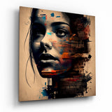 Volto di donna in collage tipografico seppia quadro in vetro - 40x40 cm