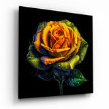 Rose dorée aux gouttes de rosée sur noir tableau en verre - 40x40 cm