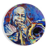 Trombonista Pintado sobre Fondo Azul Redondo cuadro de cristal - 60x60 cm
