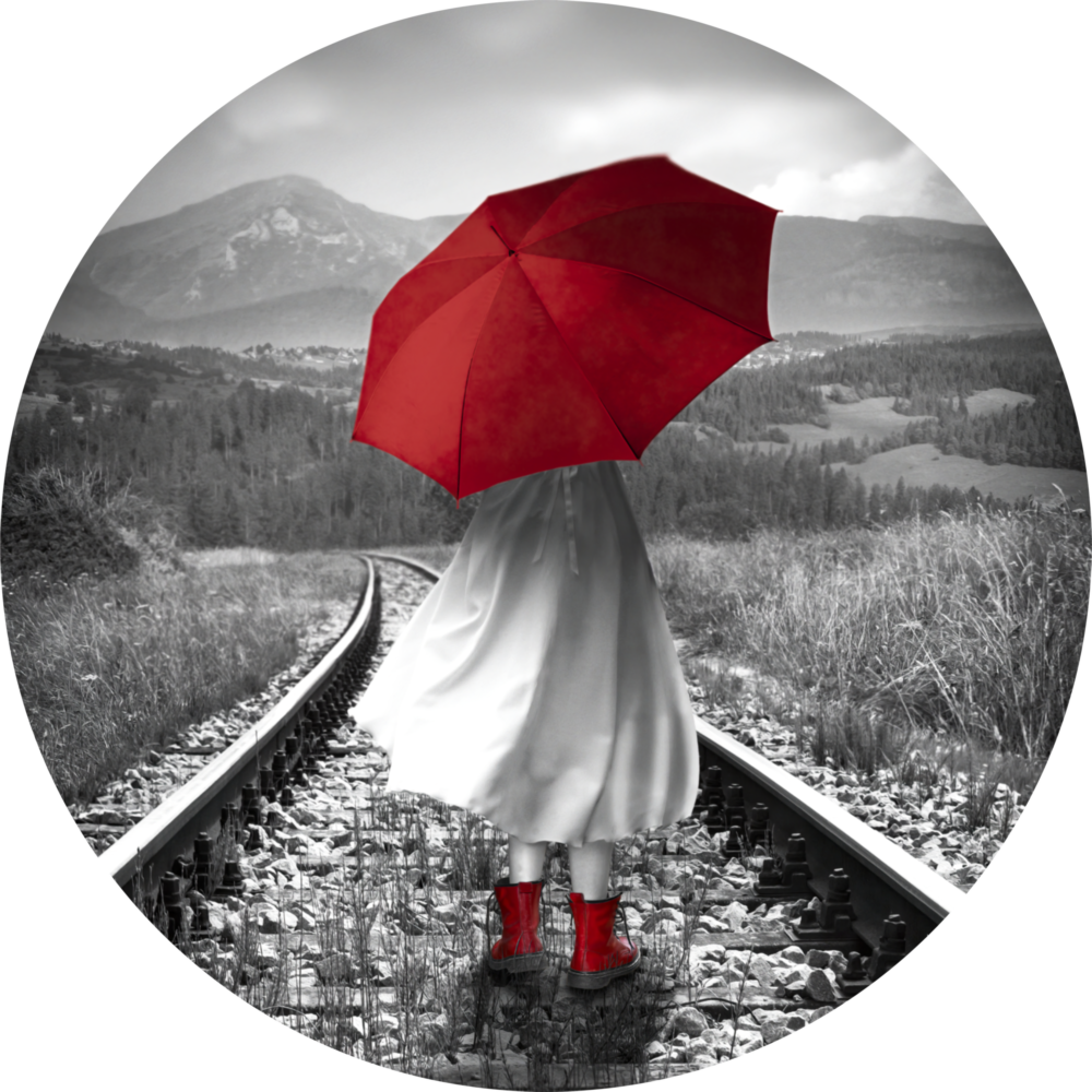 Mädchen mit rotem Regenschirm Glasbild