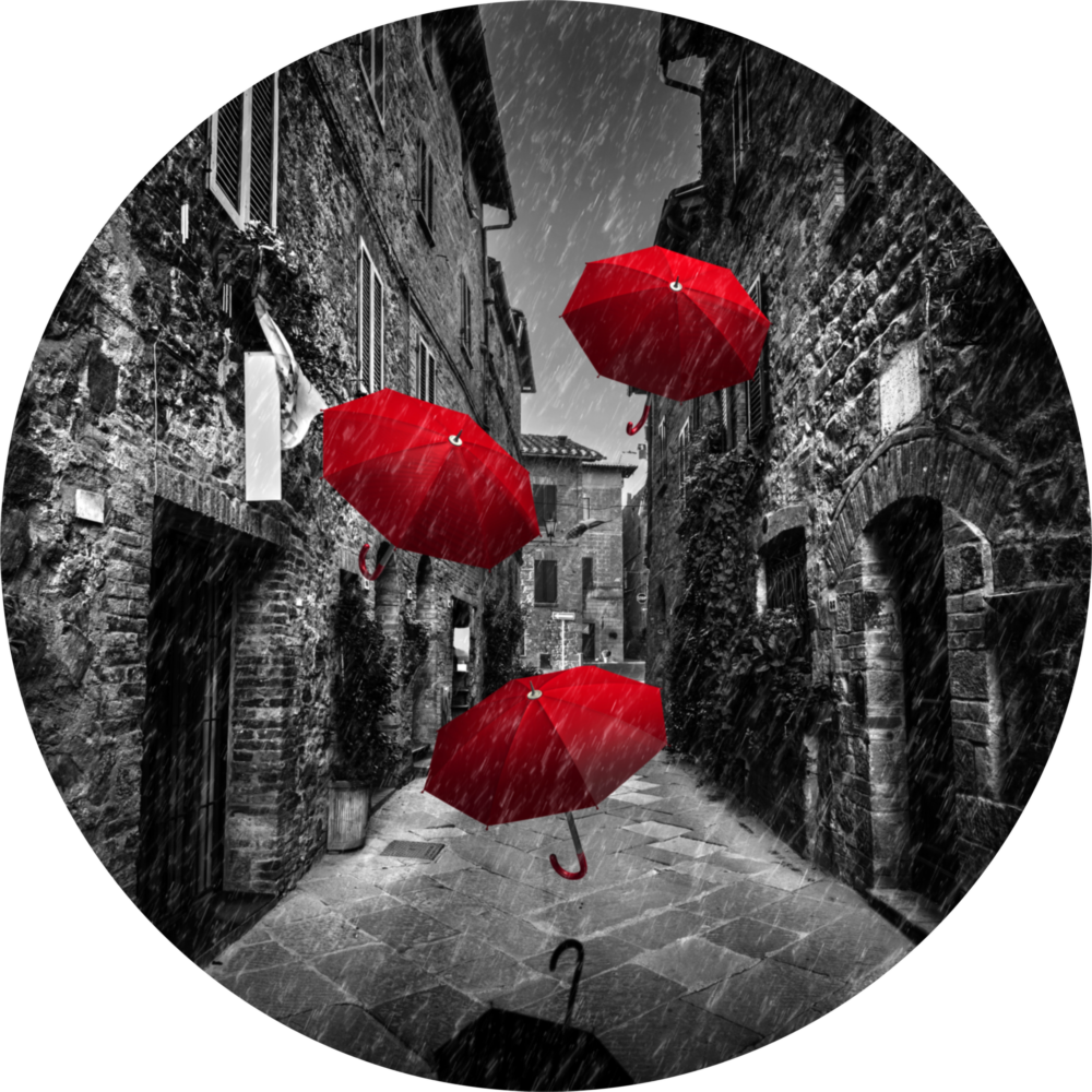 Rote Regenschirme Glasbild