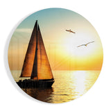 Round Amber Sunset Sailboat Seascape Glass Wall Art - 60x60 cm