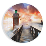 Faro con mare che spruzza quadro in vetro rotondo - 60x60 cm