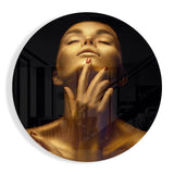 Round Golden Serenity Woman Glass Wall Art - 60x60 cm