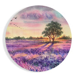 Prairie de lavande et oiseaux en vol aquarelle tableau en verre - 60x60 cm