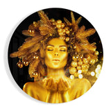 Round Gold Crown Woman Glass Wall Art - 60x60 cm