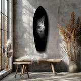 White Cat Half Face Black Background Glass Wall Art.