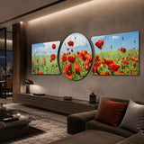 Quadro in vetro 3 pezzi Red Poppy Field Blue Sky - 188x60 cm