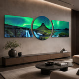 Tableau en verre 3 pièces Green Aurora Mountain Night - 188x60 cm