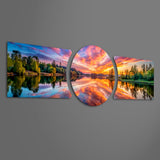 Fiery Sunset Lake Mirror Reflection 3 Piece Glass Wall Art