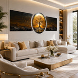 Quadro in vetro 3 pezzi Golden Tree of Life Sunset - 188x60 cm
