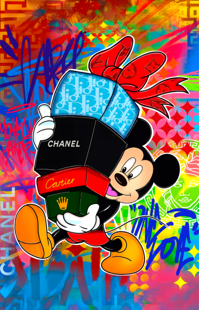 Mickey in the World of Brands Glass Wall Art || Designer Collection