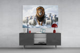 The Lion and the Lambs: Snowy Kingdom Glass Wall Art || Designer Collection
