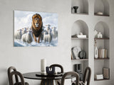 The Lion and the Lambs: Snowy Kingdom Glass Wall Art || Designer Collection
