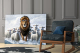 The Lion and the Lambs: Snowy Kingdom Glass Wall Art || Designer Collection