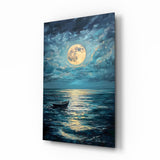 Boat in the Full Moon Glass Wall Art || Designer Collection