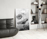 Black and White Water Lily Glass Wall Art || Designer Collection