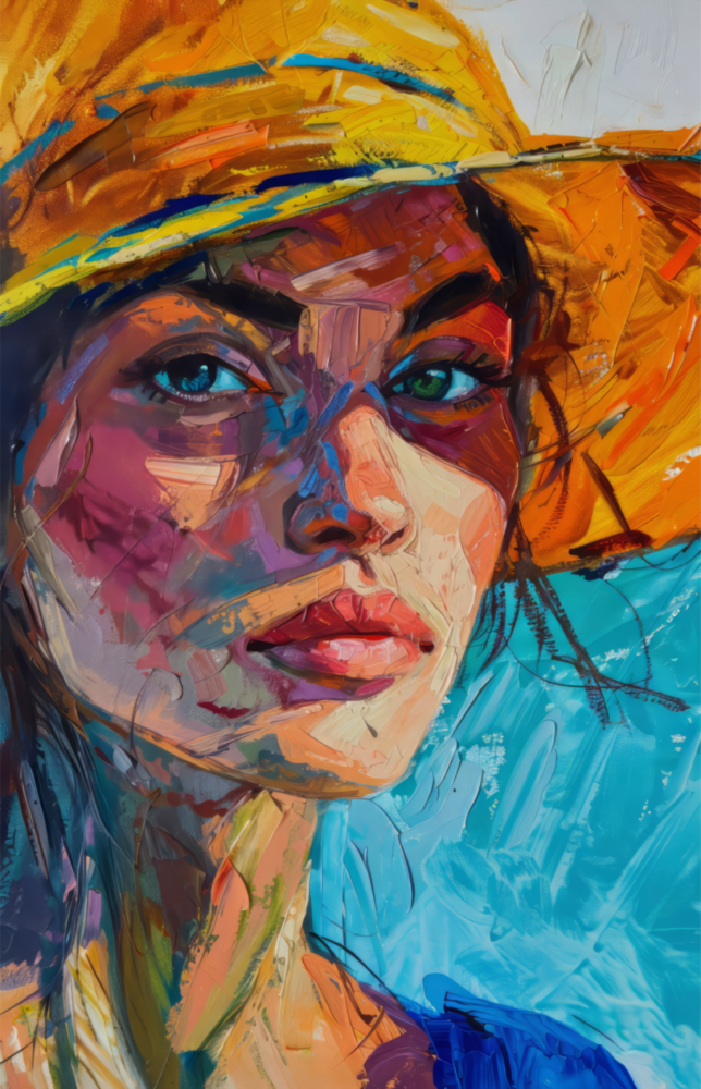 Woman in Orange Hat Glass Wall Art || Designer Collection